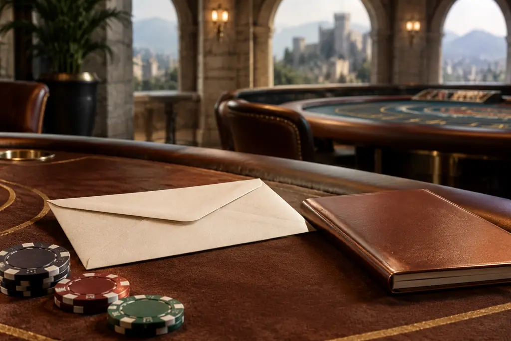 Buku catatan dan amplop di samping chip casino