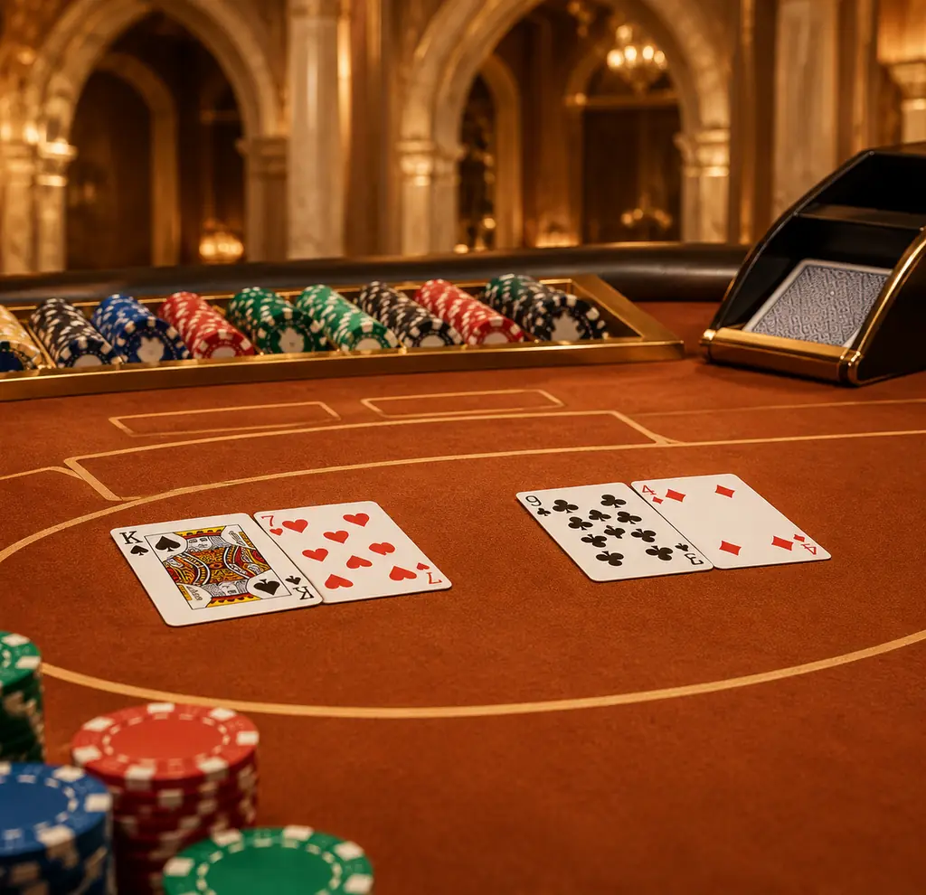 Kartu dan chip pada meja baccarat