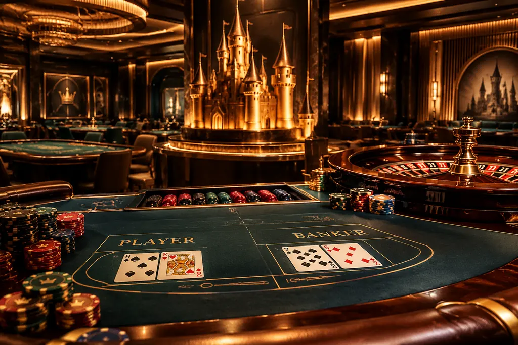 Meja baccarat dan roulette dalam interior casino