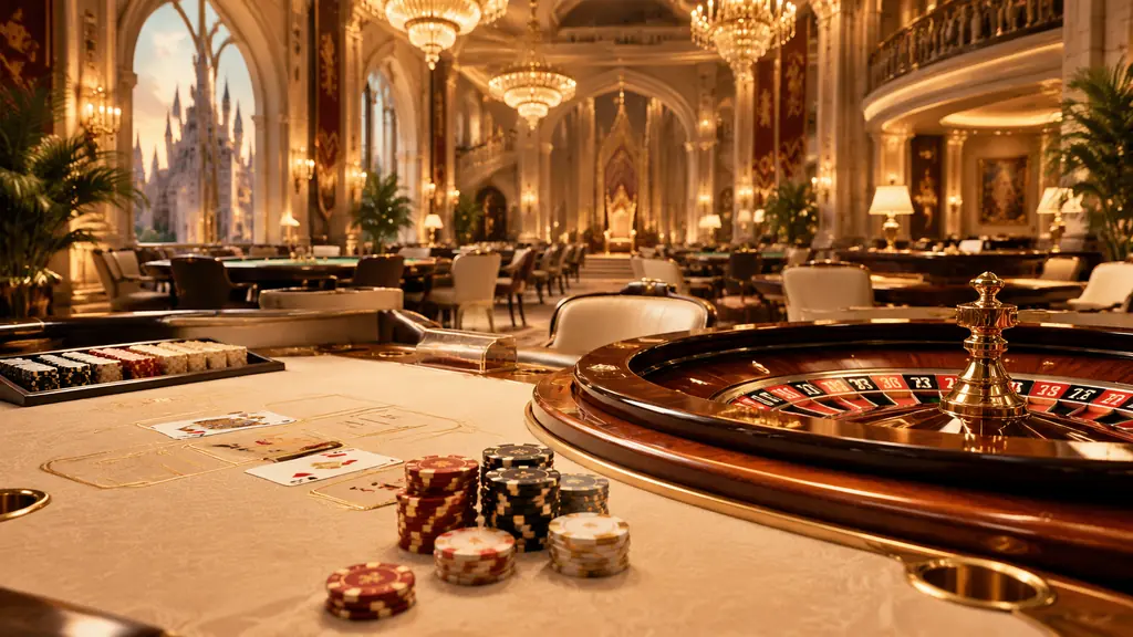 Interior casino dengan dekorasi kastel berwarna tembaga