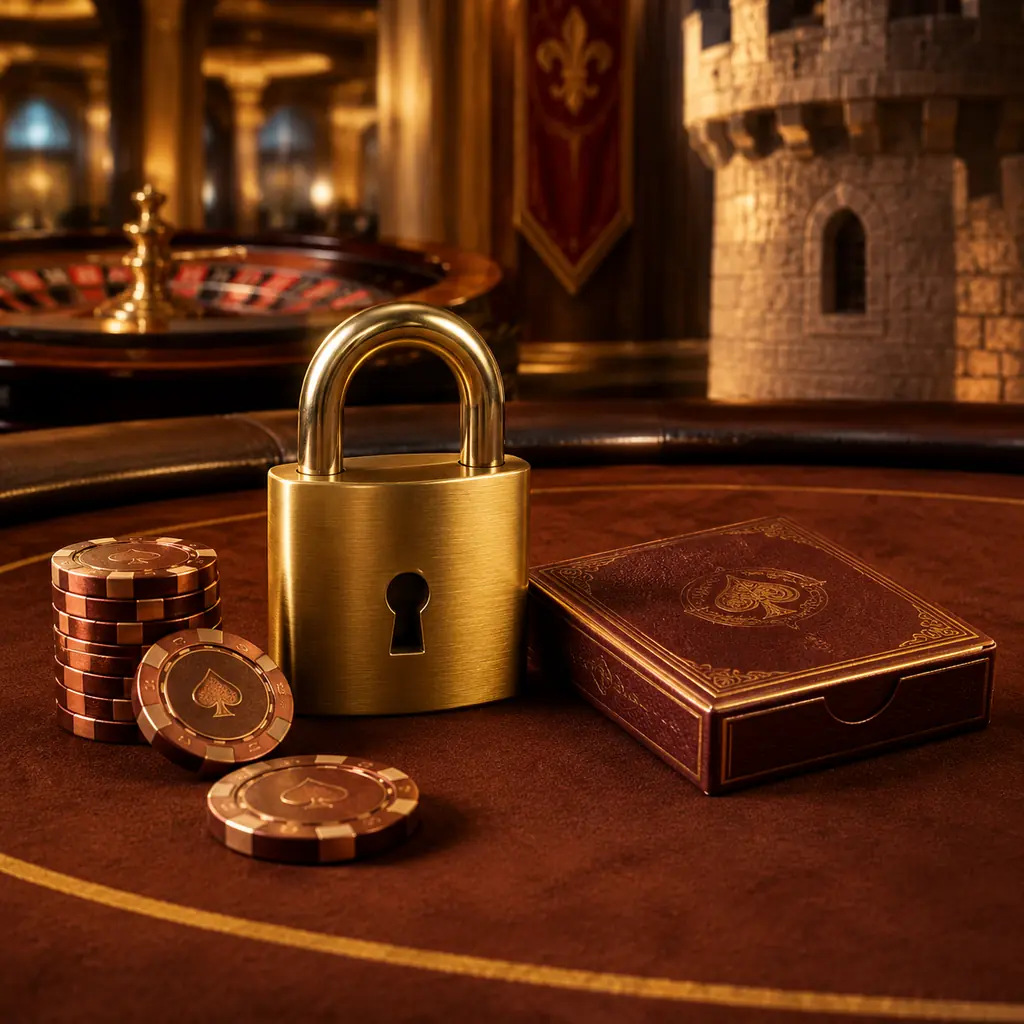 Kunci keamanan dan kotak kartu di meja casino
